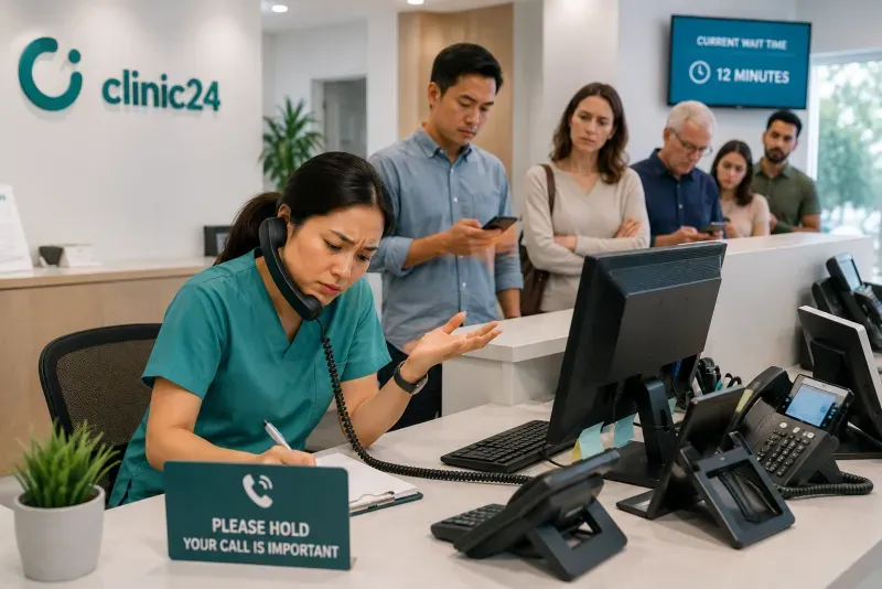 Medical assistant in a clinic answering call overflow with Clinic24 AI assistance