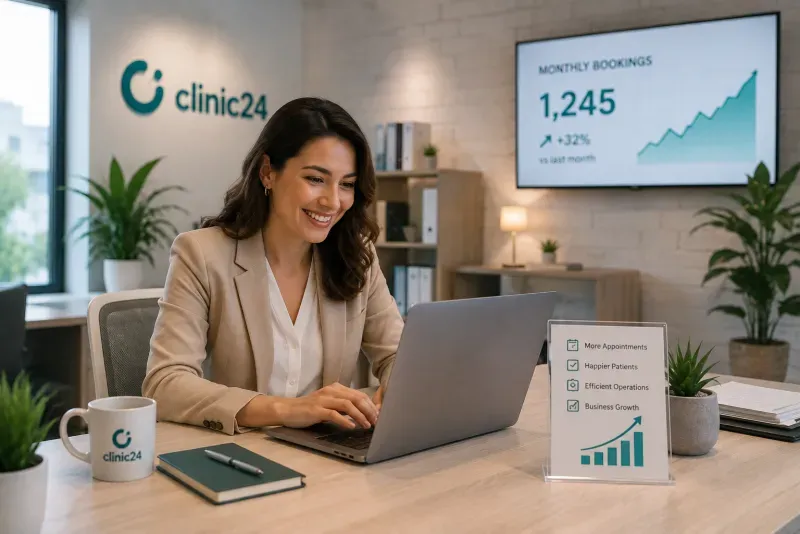 Clinic manager checking call summaries on a laptop