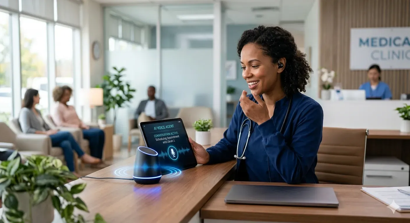 Modern aesthetic medical clinic consultation room equipped with AI call answering and digital patient scheduling tools.